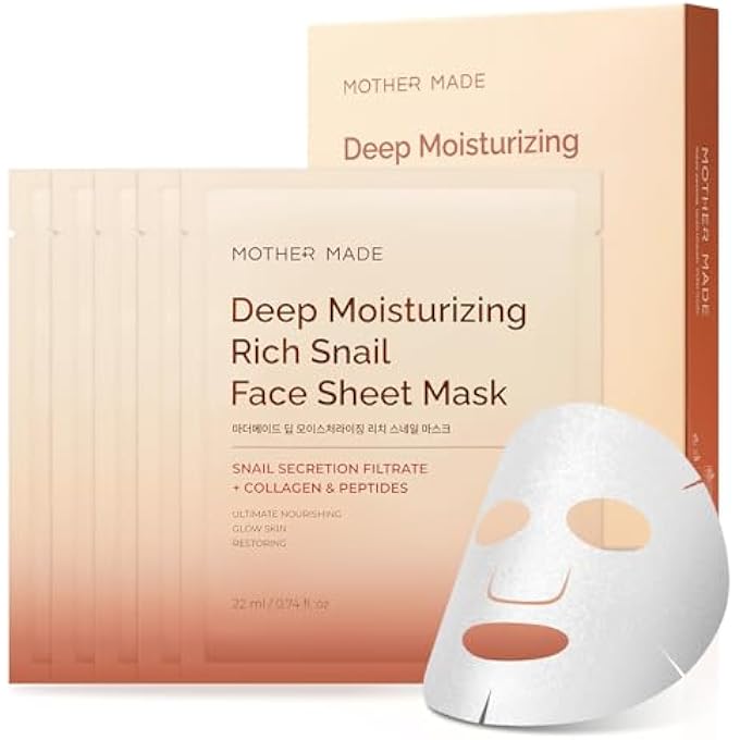 MOTHER MADE DEEP MOISTURIZING RICH SNAIL COLLAGEN FACE SHEET MASK PACK OF 5, WITH SNAIL MUCIN, LOW MOLECULAR COLLAGENS, PEPTIDES, NIACINAMIDE 2%, KOREAN SKIN CARE - Image 1